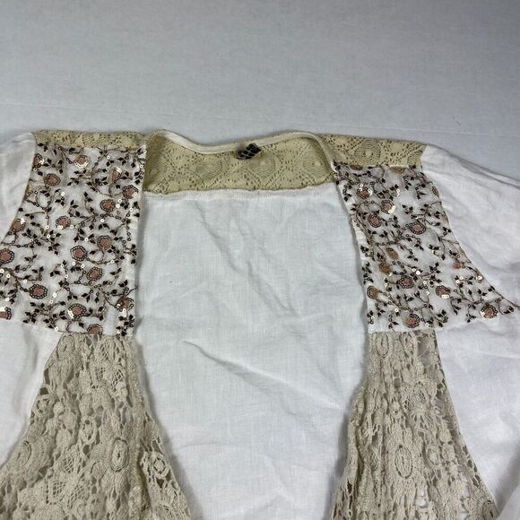 Marilu Womens Linen Blend Jacket White Open Front Lace Sequin Boho SMALL FLAW - Picture 3 of 12